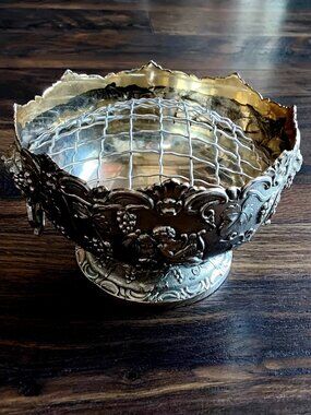 Vintage Silverplated Pedestal Embossed Rose Bowl W/ Flower Frog Insert
